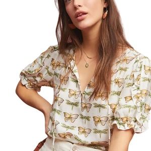 Maeve Anthropologie White Butterfly Print Ruffle Puff Short Sleeve Keyhole Top 8